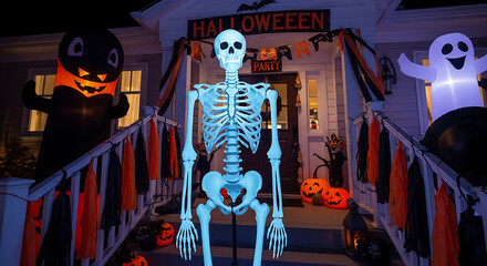 House decorated for halloween with inflatables and skeleton