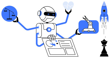 Futuristic robot multitasking with scales, heart, robotics arm, rocket, and chess piece. Ideal for AI, decision-making, innovation strategy automation robotics healthcare. Simple flat metaphor