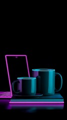 Neon-lit coffee mugs on a table with a laptop.