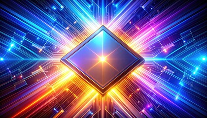 Shiny Metallic Chip Abstract Featuring Geometric Circuits And Vibrant Light Effects