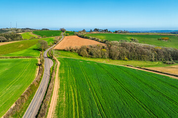 Farms and Fields over Torquay from a drone, Devon, England