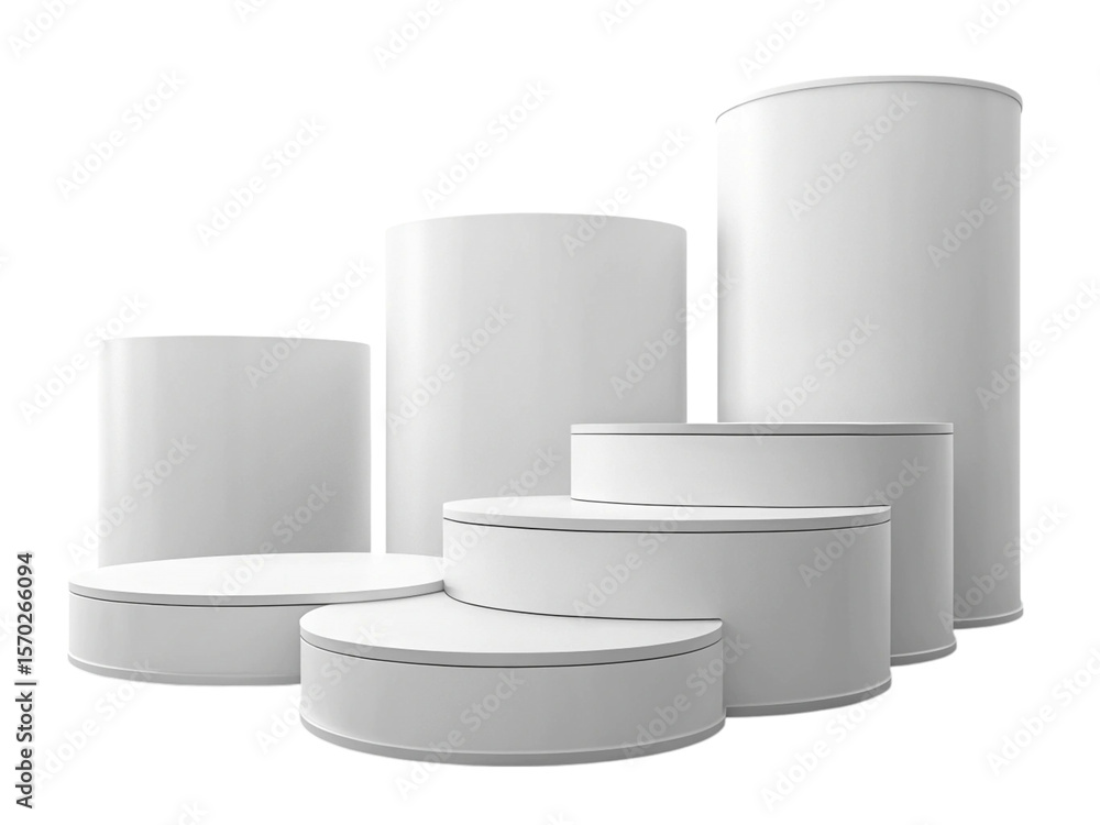 Poster a set of white cylindrical platforms and pillars arranged in a step like formation on a black backgr