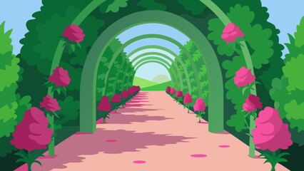 Romantic Rose Archway Garden Path A Serene Landscape Illustration