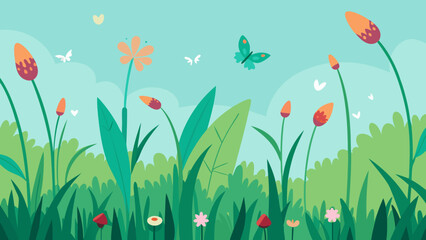 Vibrant Spring Meadow Butterflies, Flowers, and Lush Greenery