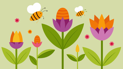 Vibrant Spring Flowers and Busy Bees A Colorful Illustration