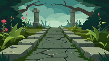 Enchanted Stone Path A Journey Through Lush Greenery and Ancient Ruins