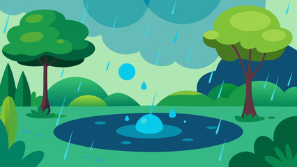 Rainy Day Landscape Serene Puddle Scene with Falling Raindrops and Lush Greenery