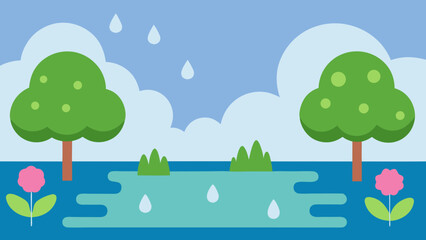 Refreshing Spring Rain Lush Greenery and Serene Pond Illustration