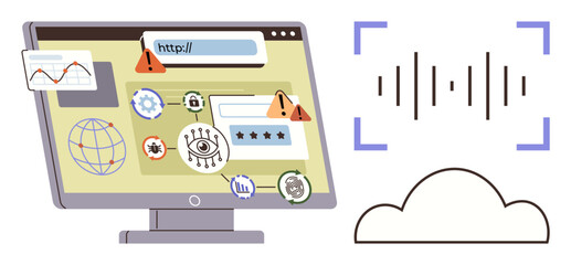 Monitor with hacking icons, insecure login warnings, global internet symbols, and cloud storage analyzed with sound waves. Ideal for cybersecurity, online privacy, hacking, risk management, internet
