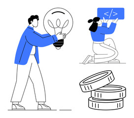 Person holding light bulb symbolizes ideas, woman writing code represents innovation, and stacked coins indicate financial success. Ideal for teamwork, creativity, development, innovation