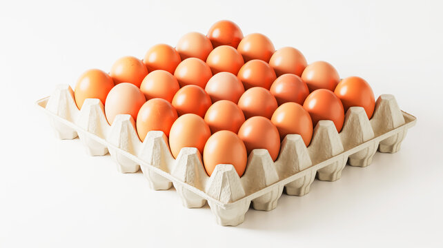 A high-quality product photograph of a cardboard egg carton containing 30 brown eggs arranged in a 6x5 grid.