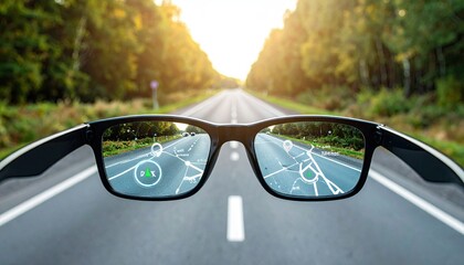 Smart Glasses Displaying Navigation Prompts Overlaying A Road View Outdoors