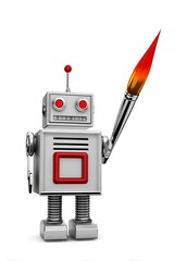 Retro robot holding a paintbrush.