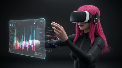 A woman with pink hair engages with a virtual reality interface displaying data visualizations - Powered by Adobe