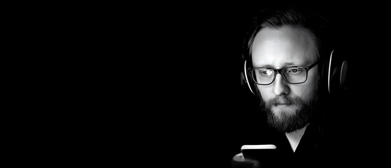 Close-up grayscale portrait of a man using a mobile phone.