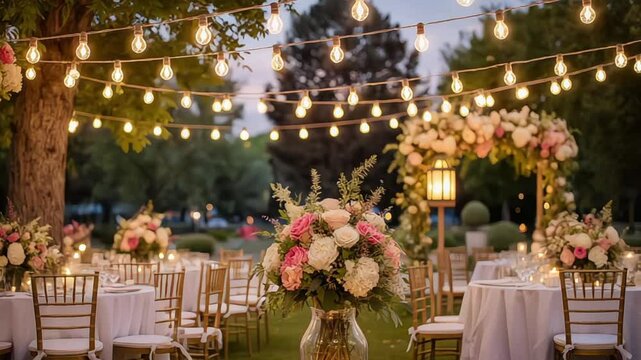 Outdoor wedding reception with floral arrangements and string lights
