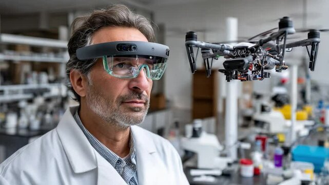 Innovation in the Lab: A scientist, immersed in futuristic augmented reality glasses, expertly pilots a drone in a cutting-edge laboratory setting, capturing innovation and scientific advancements.