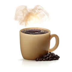 A steaming cup of coffee with coffee beans.