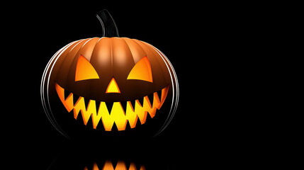 Fototapeta premium Spooky Halloween Pumpkin with Creepy Face Illuminated in Dark with Bright Orange Light Casting Eerie Shadows on Smooth Black Background