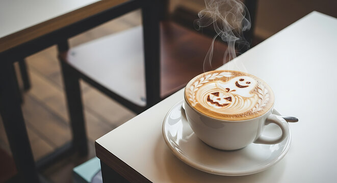 Steaming latte with halloween-themed latte art