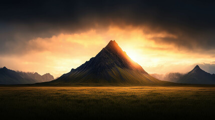 Majestic Mountain Peak Surrounded by Dramatic Sky and Soft Golden Light in Remote Wilderness Landscape During Sunset or Sunrise
