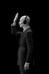 Profile view of a man in a suit, wearing headphones.