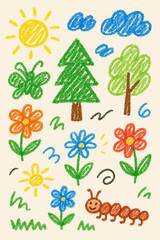 Childlike Drawing of a Sunny Day in Nature with Flowers