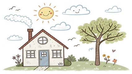 Child's drawing of house and tree