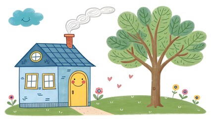 Child's drawing of house and tree