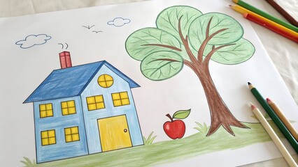 Child's drawing of house and tree