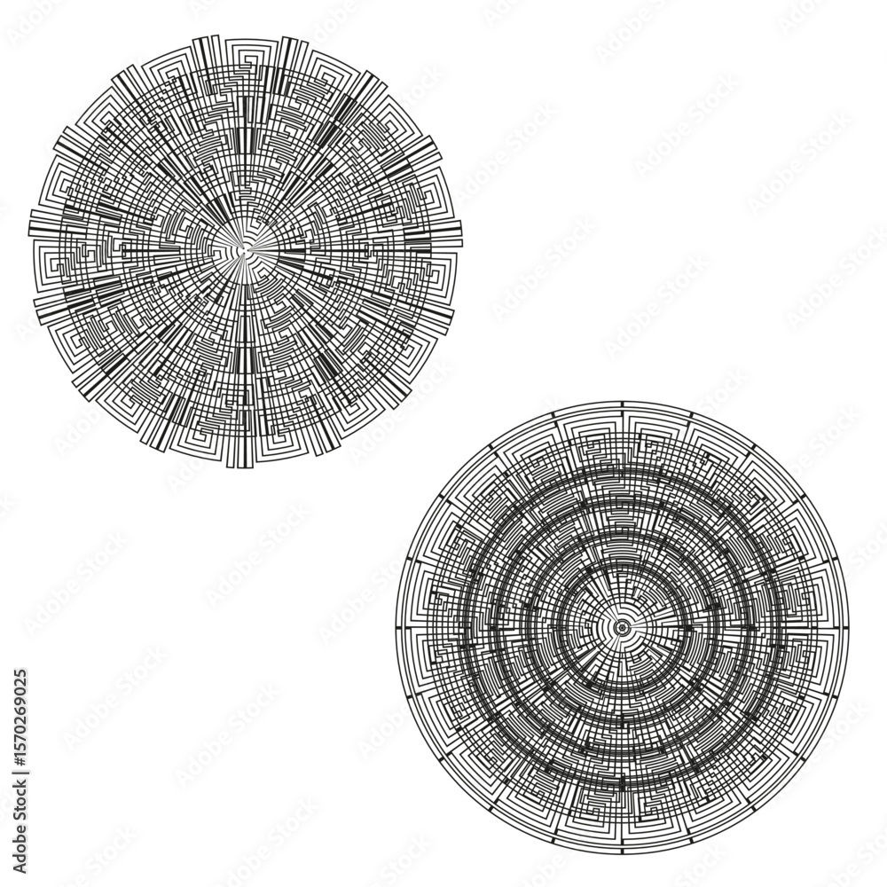 Poster circular labyrinth patterns. intricate maze forms. geometric radial lines. vector abstract design.