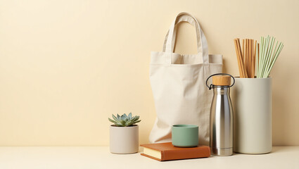 Neutral Tone Still Life of Sustainable Lifestyle Items with Beige Background