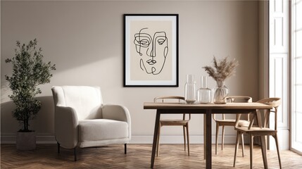 Interior airy beige room with armchair, table, chair and line art portrait