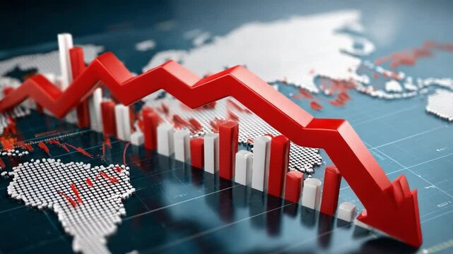 Global Economic Downturn: A dramatic 3D rendering of a sharply falling red arrow superimposed on a world map, illustrating the concept of a global economic crisis or recession.