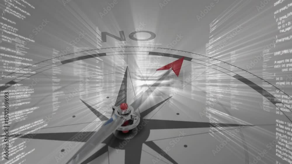 Poster semi-transparent code streams sliding inward activating animated compass dial rotating toward yes