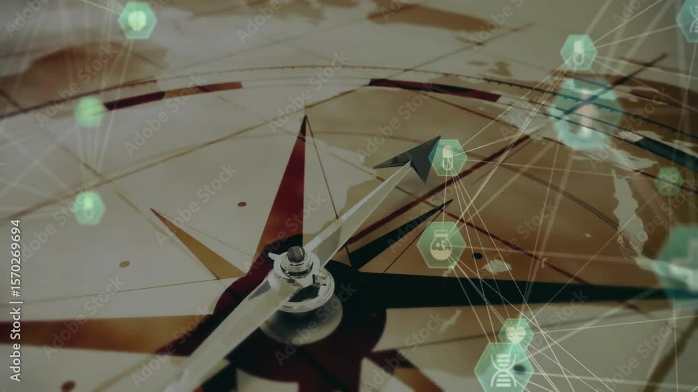 Poster compass needle rotating clockwise on map signaling hexagon icons linking showing health network