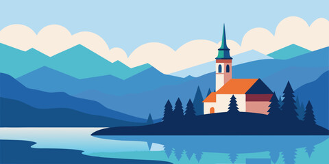 Naklejka premium Alpine church overlooking Lake Bled amidst a majestic mountain landscape, a timeless symbol of European architecture and natural beauty
