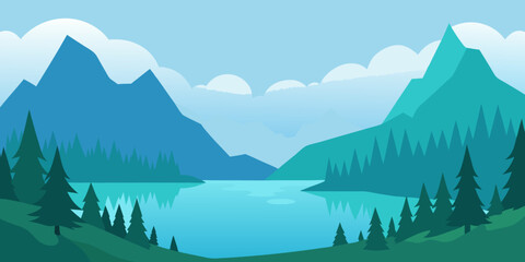 Majestic mountain landscape with a serene lake reflecting the sky and surrounding snow-capped peaks and green forests