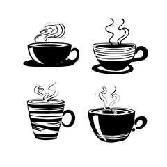 Four stylized coffee cups with steam.