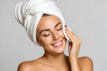 Smiling woman with towel on head enjoying skincare routine, cleansing face with cotton pad after shower
