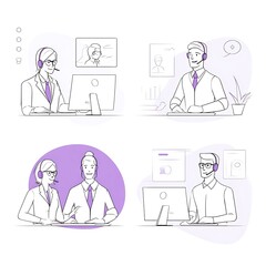 Illustration of customer service agents working in an office setting.