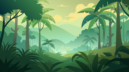 Naklejka premium Lush Tropical Rainforest Landscape Verdant Valley and Palm Trees