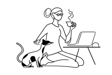 Woman working at home with a pet.