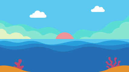 Vector illustration of a summer ocean landscape with tropical island, blue sky, and beach