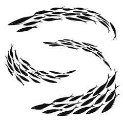 Silhouette of fish schooling in a circular pattern.