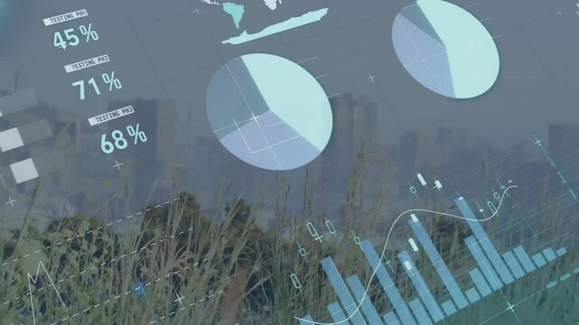 On startup, data overlays emerging over field, gauges dropping, charts sliding, visualizing data - Powered by Adobe