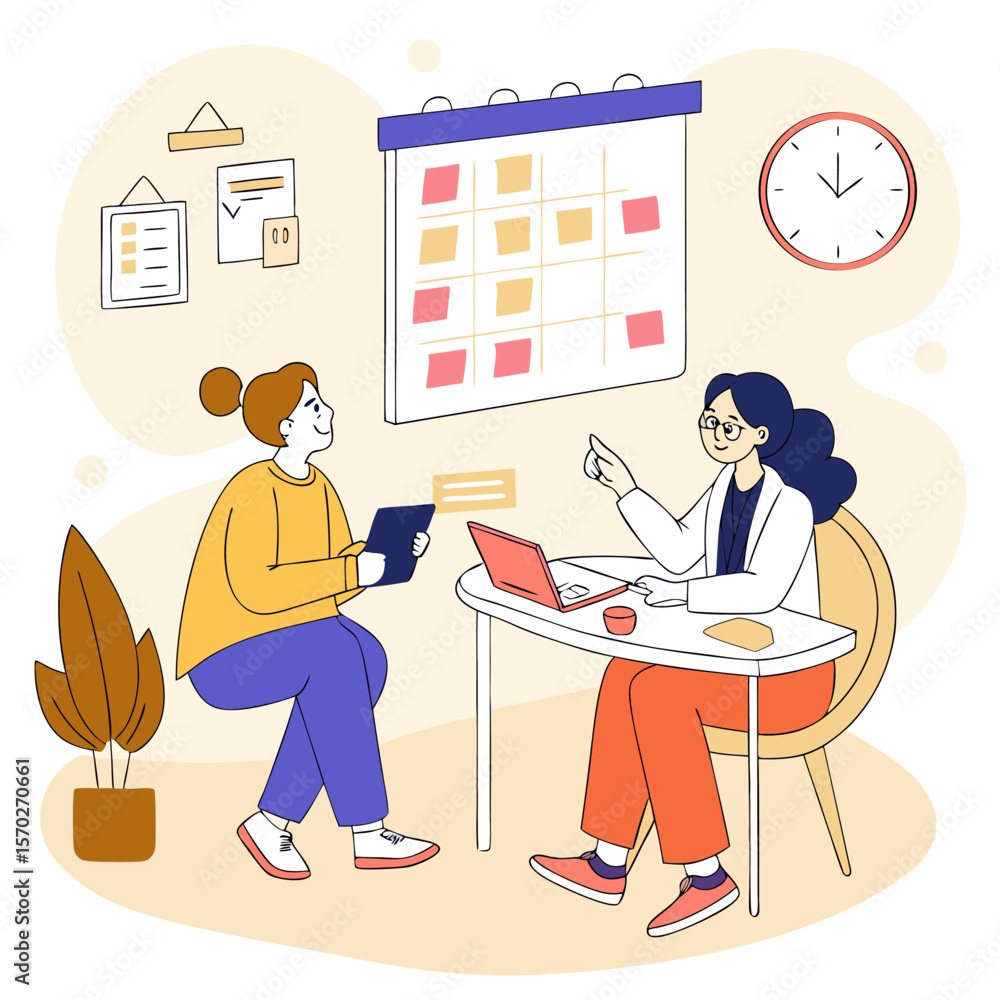 Poster two women in an office setting discussing plans with a calendar clock and laptop on the table in fro