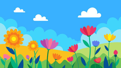 Fototapeta premium Blue sky and clouds embrace a vibrant spring meadow, bursting with colorful flowers and green grass, creating a beautiful summer landscape