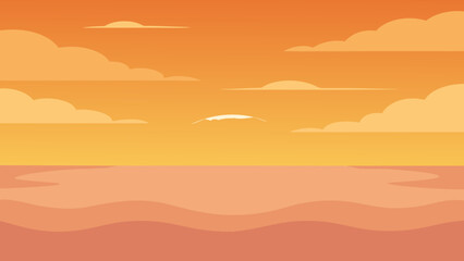 Golden sun dips below the horizon, painting the sky with fiery orange and red hues over a serene beach landscape