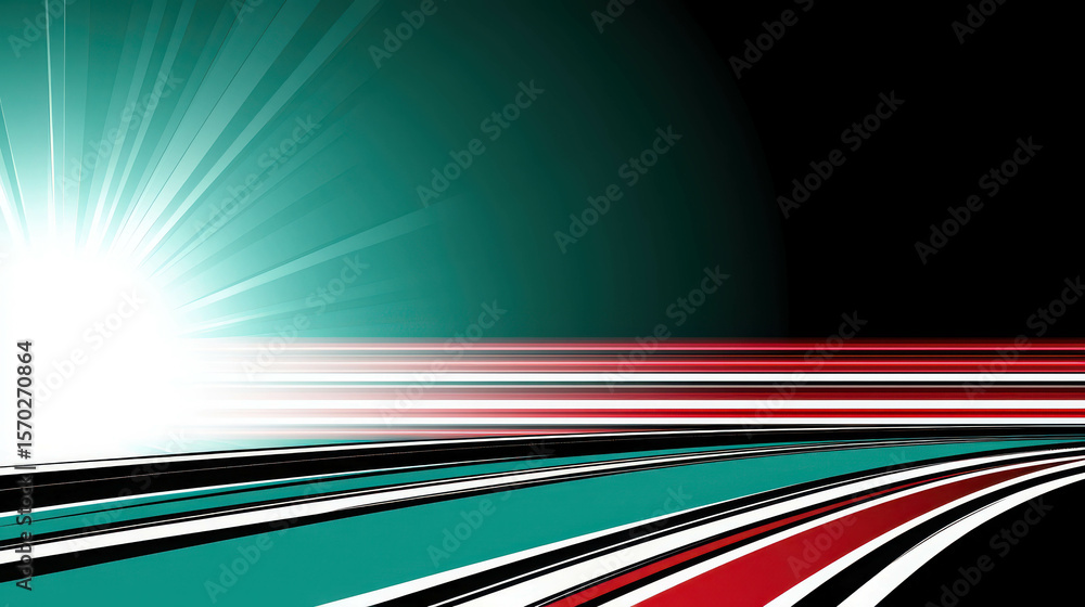 Poster abstract digital design featuring dynamic lines in teal, black, and red with radiant lights and grad